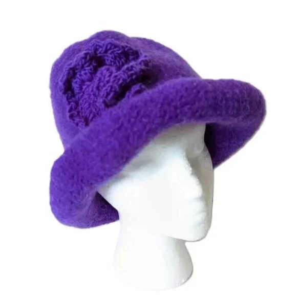 Handmade Boho Bucket Hat Knit Flower Curled Brim Purple Retro‎ Old Timey Vintage - Picture 2 of 7